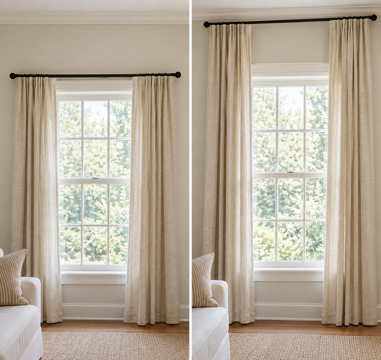 A side-by-side comparison of a window with curtains hung at different heights, showing how mounting the curtain rod higher creates the appearance of a taller window.