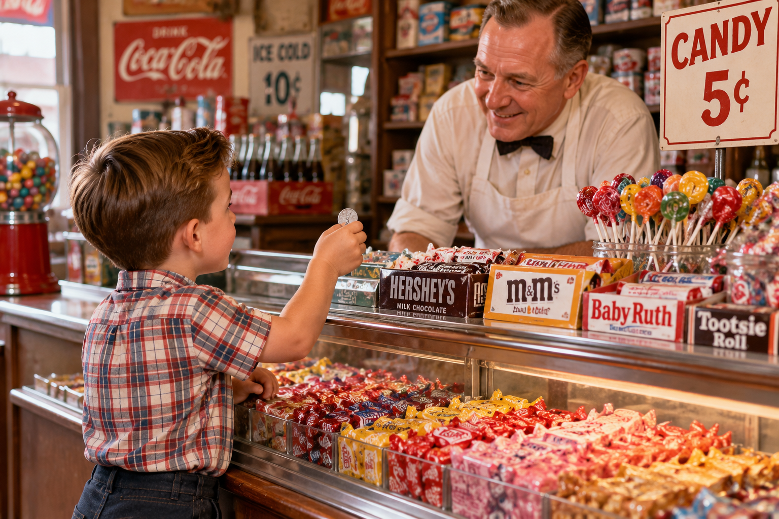 A young boy hands a coin to a smiling shopkeeper behind a vintage candy counter filled with chocolates and lollipops. A sign says “Candy 5¢.” The shop has nostalgic decor and Coca-Cola bottles in the background.