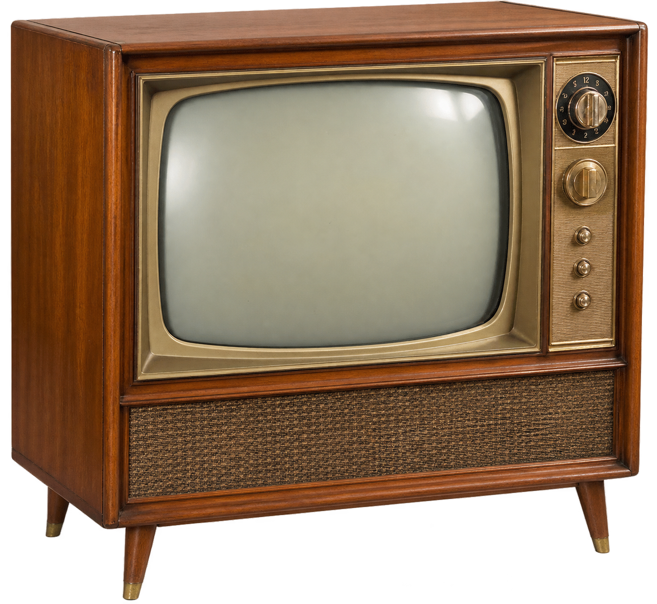 Vintage wooden console television with a gold control panel and speaker grille.