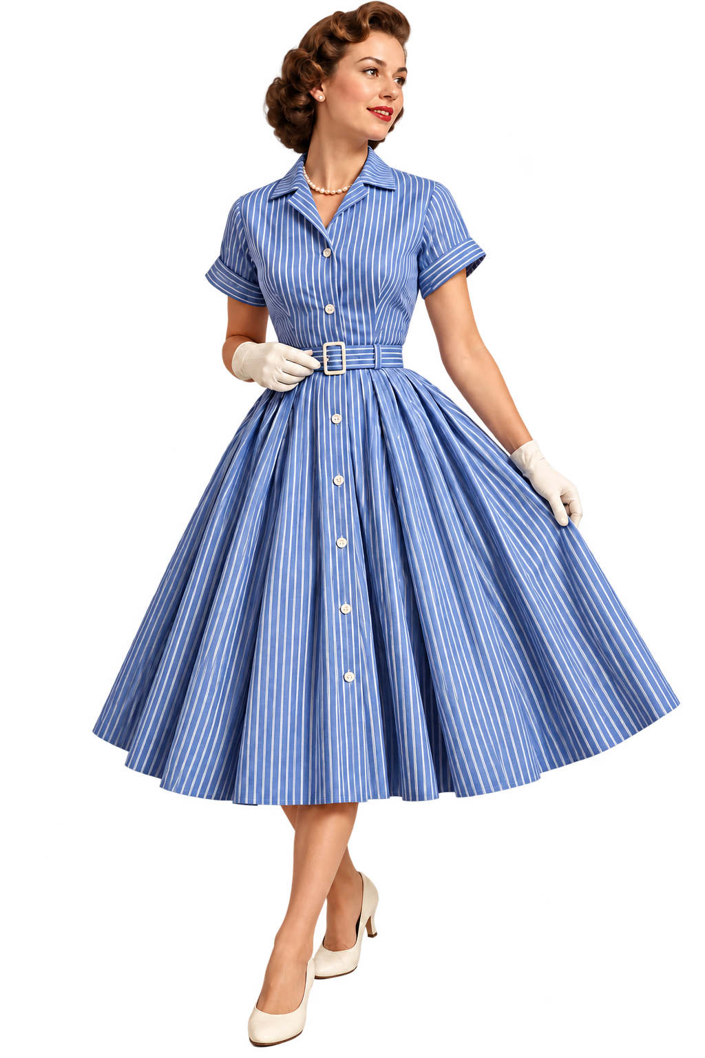 A woman wears a blue and white striped, 1950s-style button-down dress with a belted waist, white gloves, and cream-colored heels.