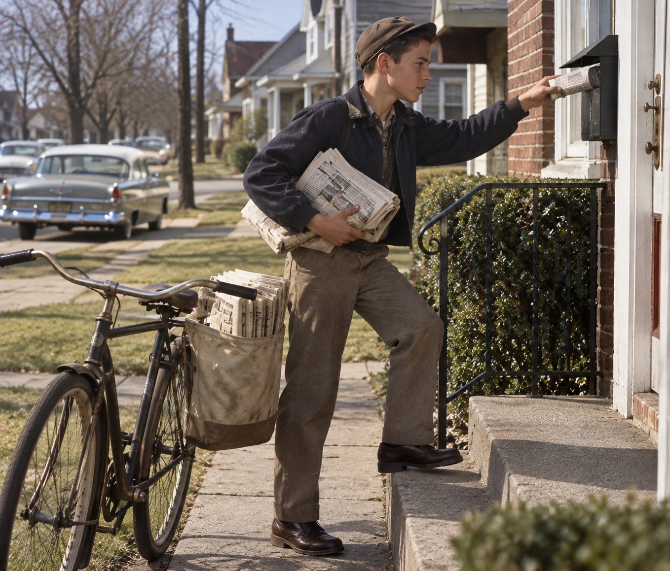 A young boy in a cap delivers a newspaper into a mailbox while his bicycle, loaded with a stack of papers, waits on the sidewalk.