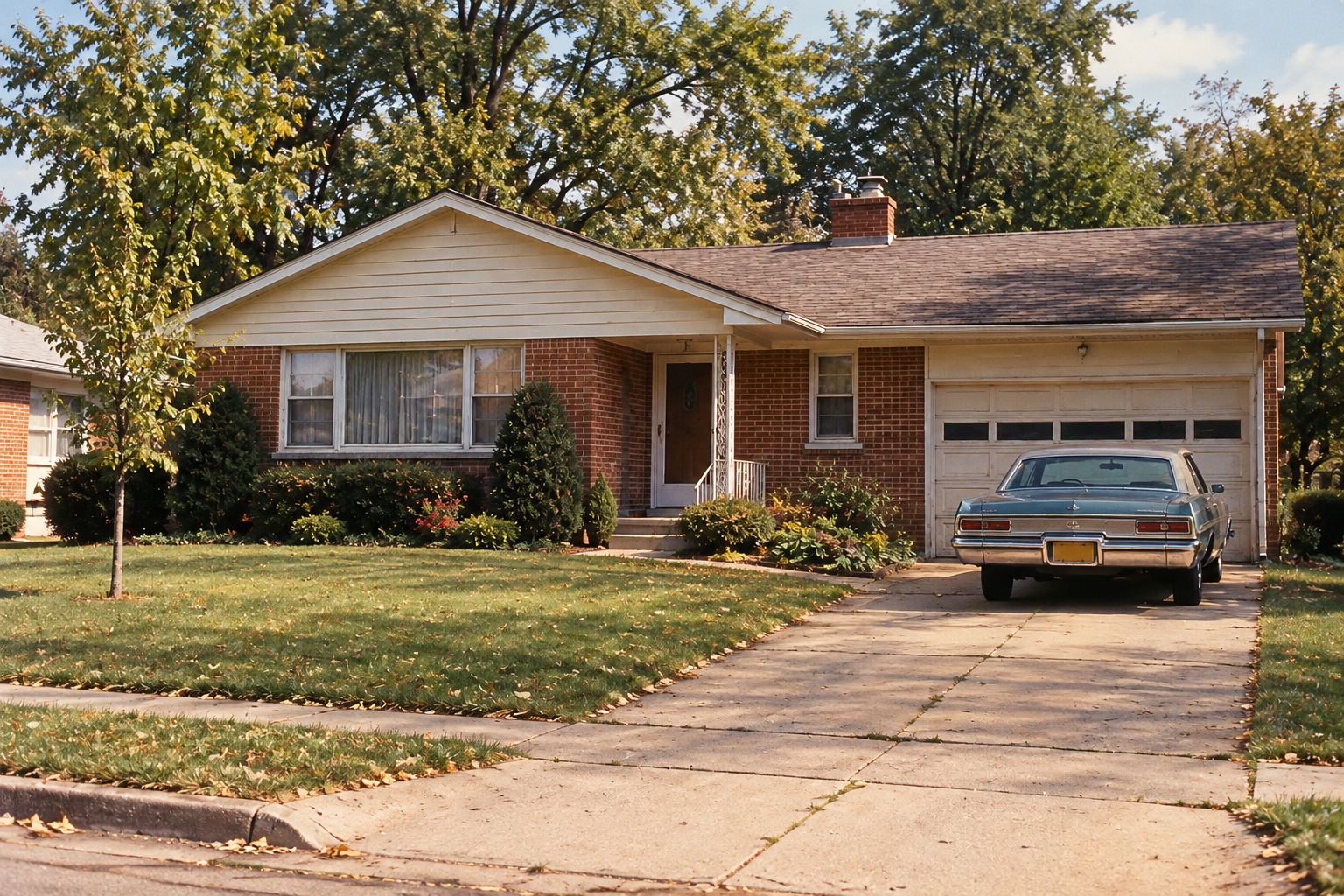 Single-story brick ranch-style house with a beige front gable, an attached garage, and a sedan parked in the driveway.