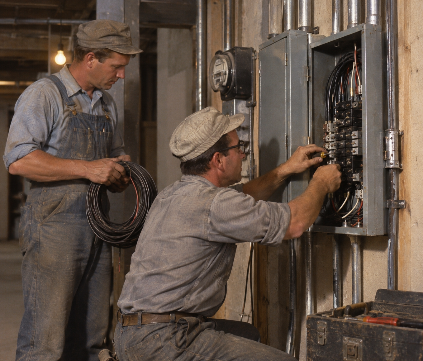 Two electricians in work caps and overalls repair an open electrical panel, with one worker holding a coil of wire and the other using a screwdriver on the wiring.