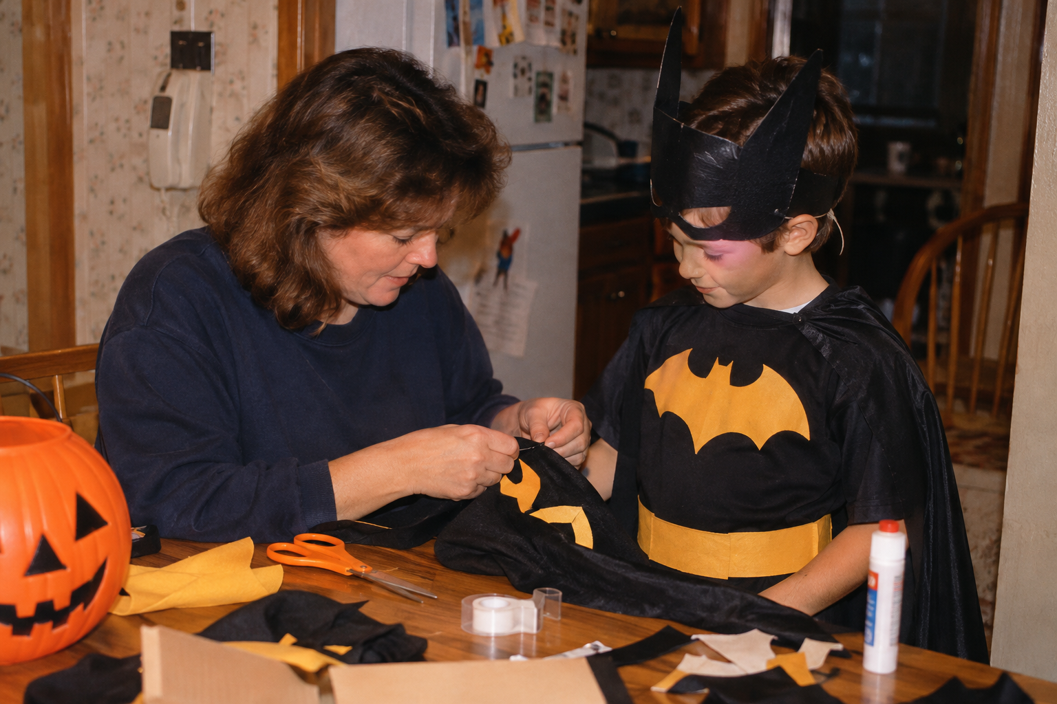 A woman helps a young boy in a Batman costume adjust a piece of fabric while crafting at a table with a jack-o’-lantern bucket.