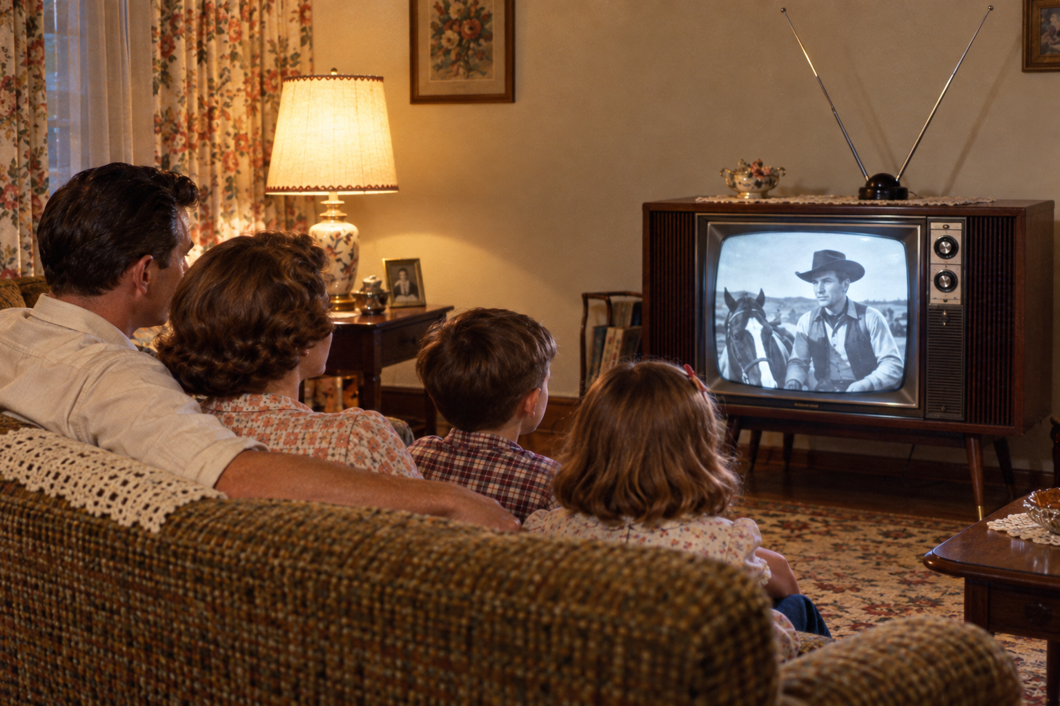 A family of four sits on a sofa watching a black-and-white western on a vintage television set.