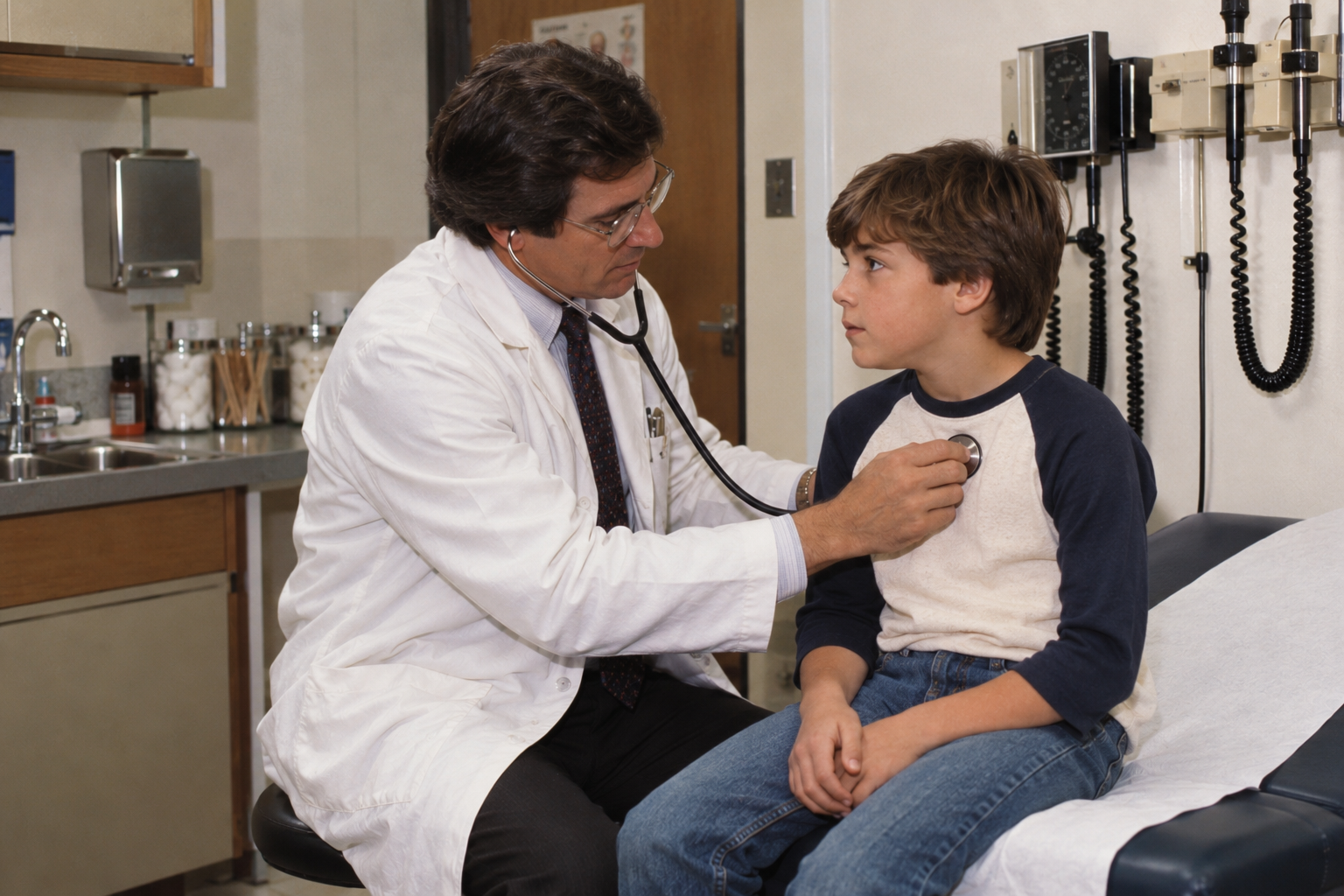 A doctor in a white coat uses a stethoscope to examine a young boy sitting on an exam table.