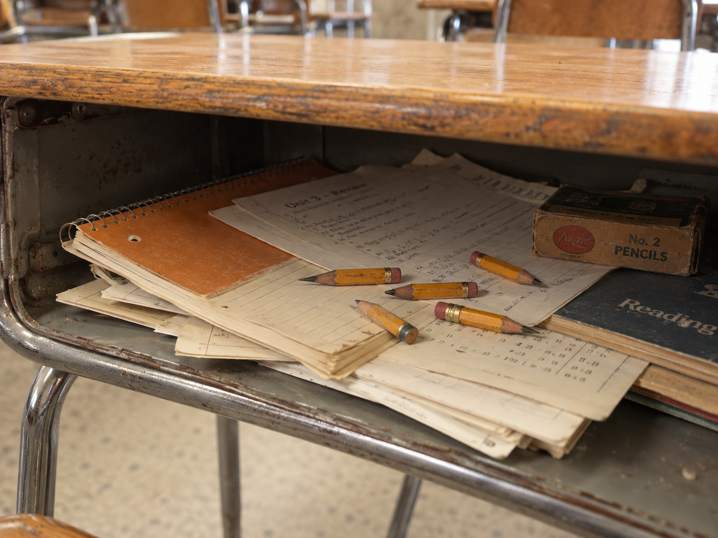 Open compartment of a wooden school desk containing a stack of papers, several short pencils, and a box of No. 2 pencils.