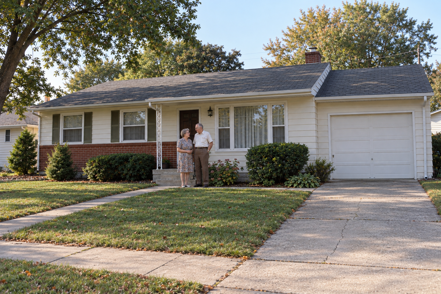 An older couple stands together on the front porch of a single-story suburban house.