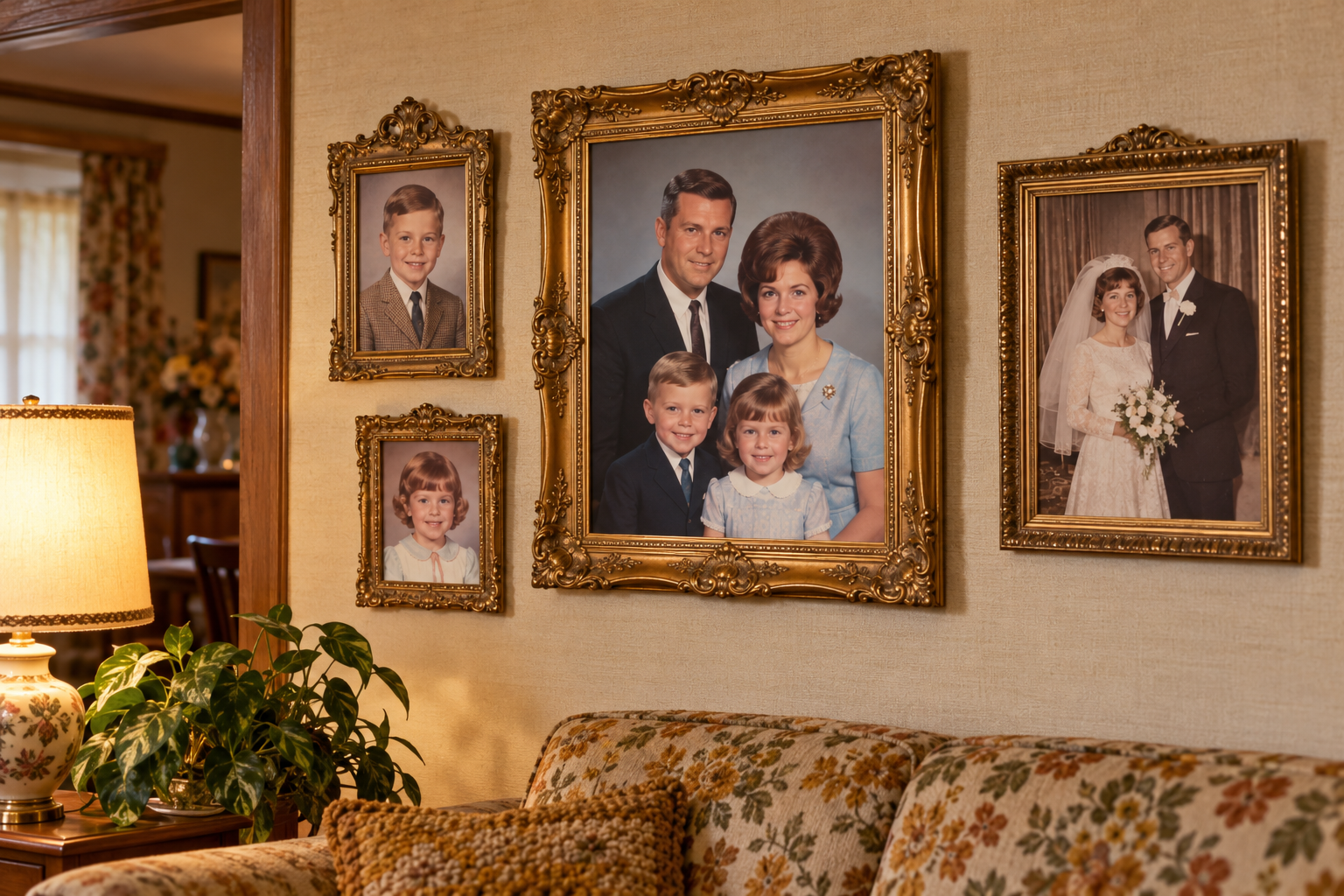 A wall displaying four framed family portraits, including a large group photo of parents with two children, a wedding photo, and two individual portraits of children, positioned above a floral sofa and a lamp.