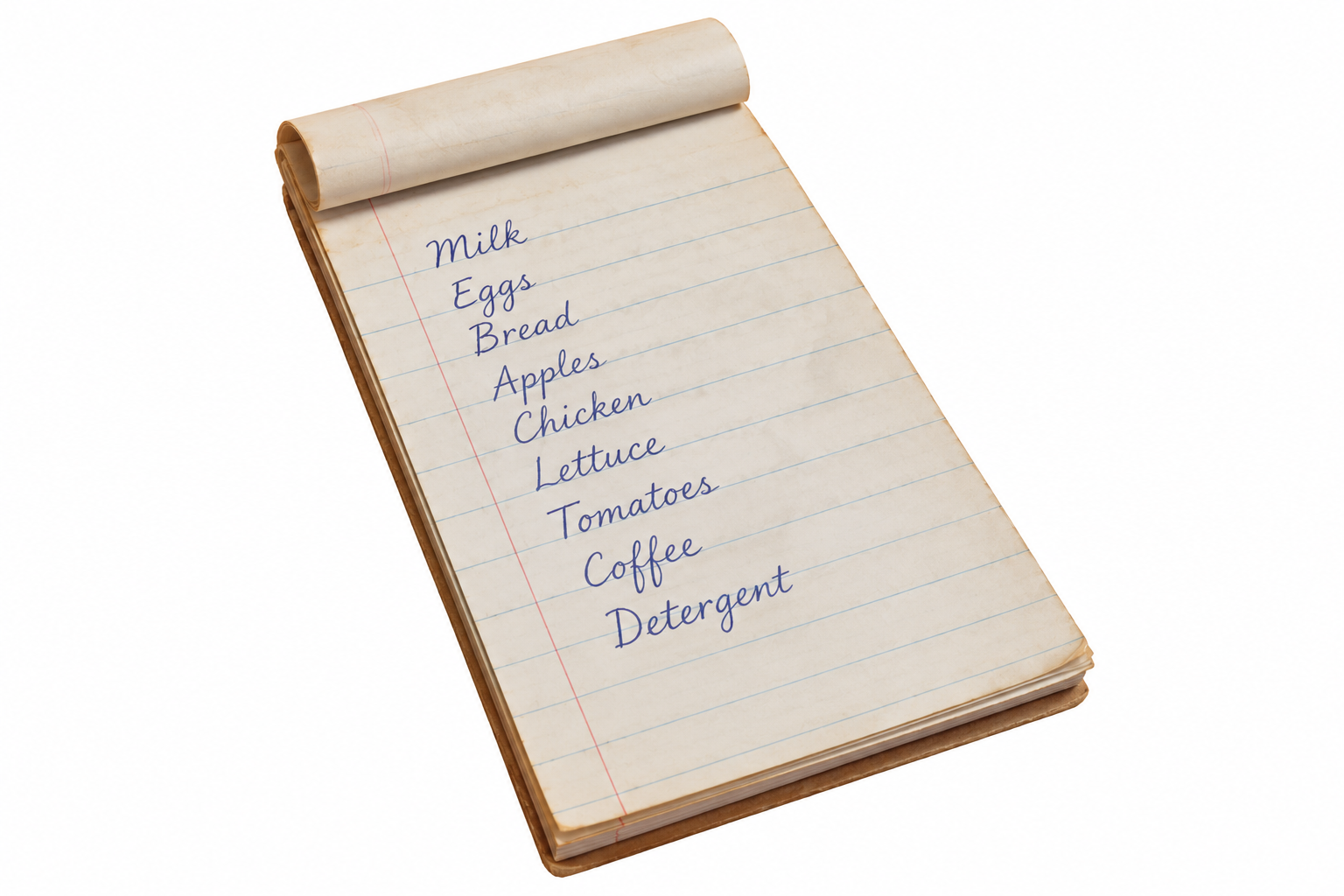 A notepad containing a handwritten grocery list of milk, eggs, bread, apples, chicken, lettuce, tomatoes, coffee, and detergent.
