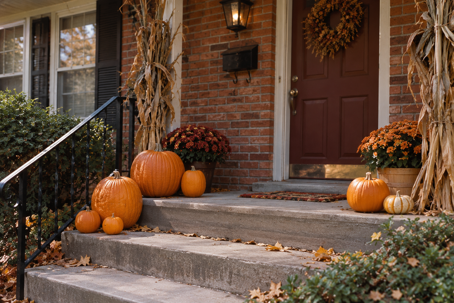 A brick front porch decorated for autumn with pumpkins, potted chrysanthemums, and corn stalks flanking a red front door.