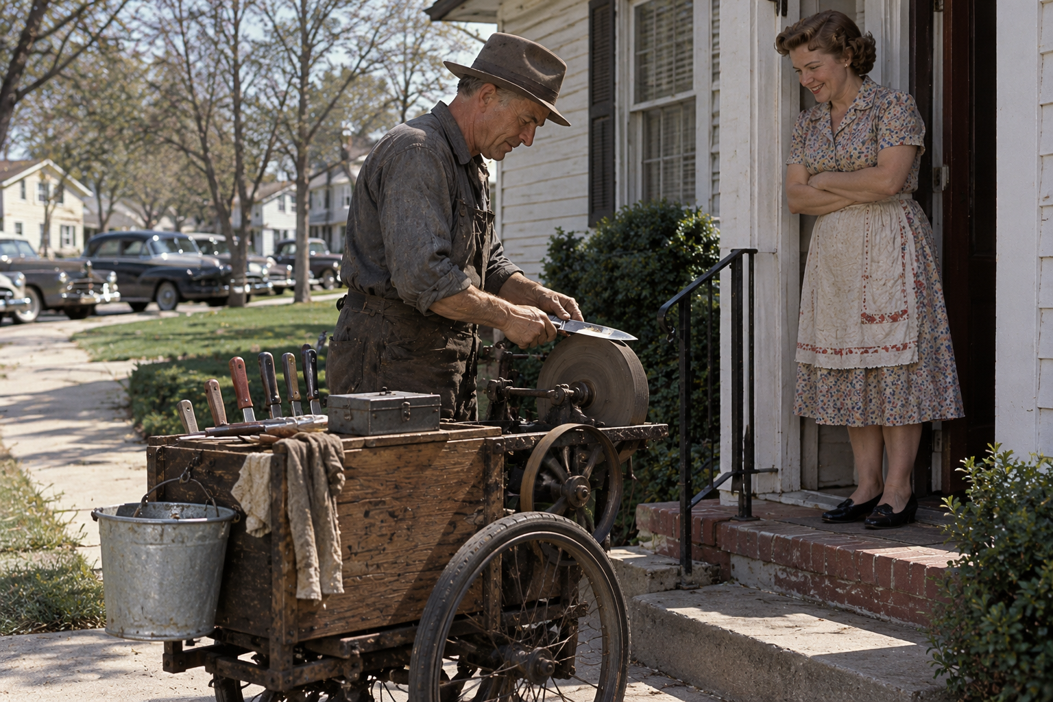 A man in a fedora sharpens a knife on a mobile grindstone cart while a smiling woman in a floral dress watches from her porch.