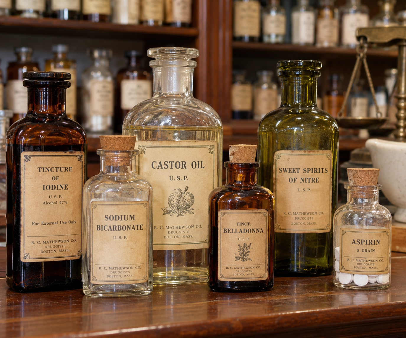 Six antique glass apothecary bottles with cork stoppers, labeled for various medicines including tincture of iodine, castor oil, and aspirin, arranged on a wooden counter.