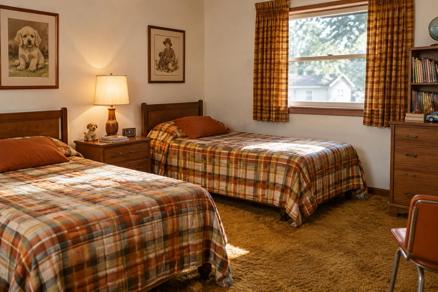 Two twin beds with plaid bedding in a room with brown wall-to-wall carpeting, a nightstand with a lamp, and a window with plaid curtains.