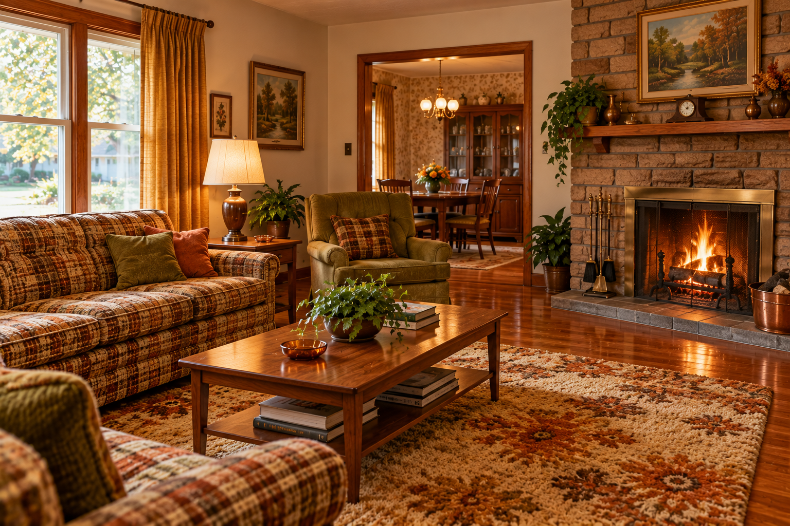 A cozy living room with a plaid sofa, a green armchair, and a wooden coffee table facing a stone fireplace with a burning fire.