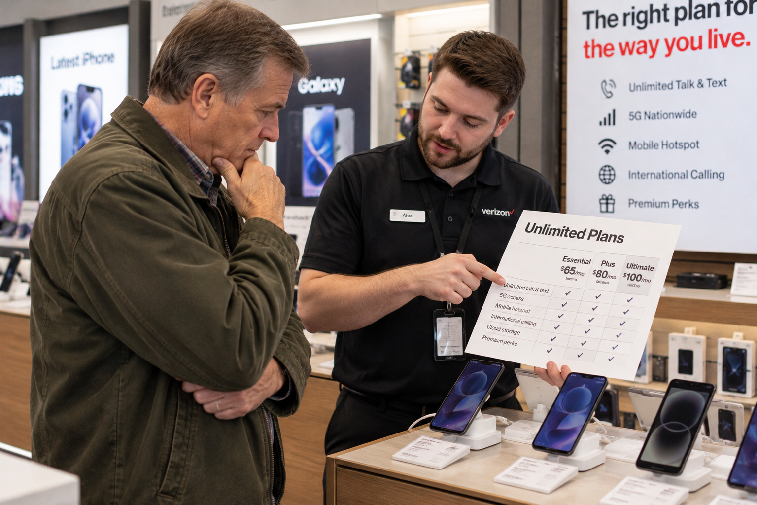 A Verizon store employee pointing to a printed chart of mobile plans while explaining them to a customer.
