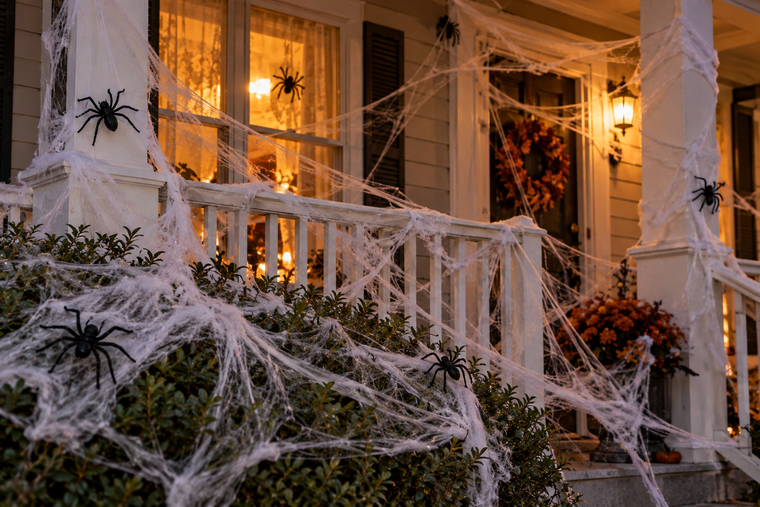 A porch decorated for Halloween with artificial spiderwebs draped over railings, bushes, and a front door, accented by several large plastic spiders.
