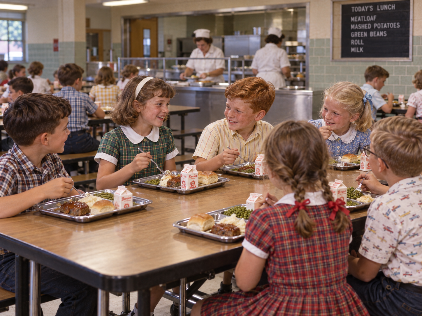Children in vintage clothing sit at a cafeteria table, smiling and eating lunch from trays. The background shows more kids and staff in a busy school cafeteria setting with a visible menu board.