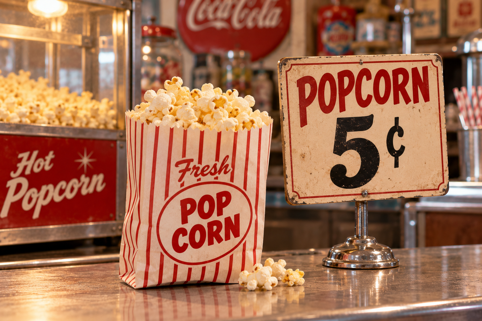 A red-and-white striped bag of fresh popcorn sits on a counter next to a vintage sign reading “Popcorn 5¢,” with a popcorn machine and Coca-Cola sign in the background.