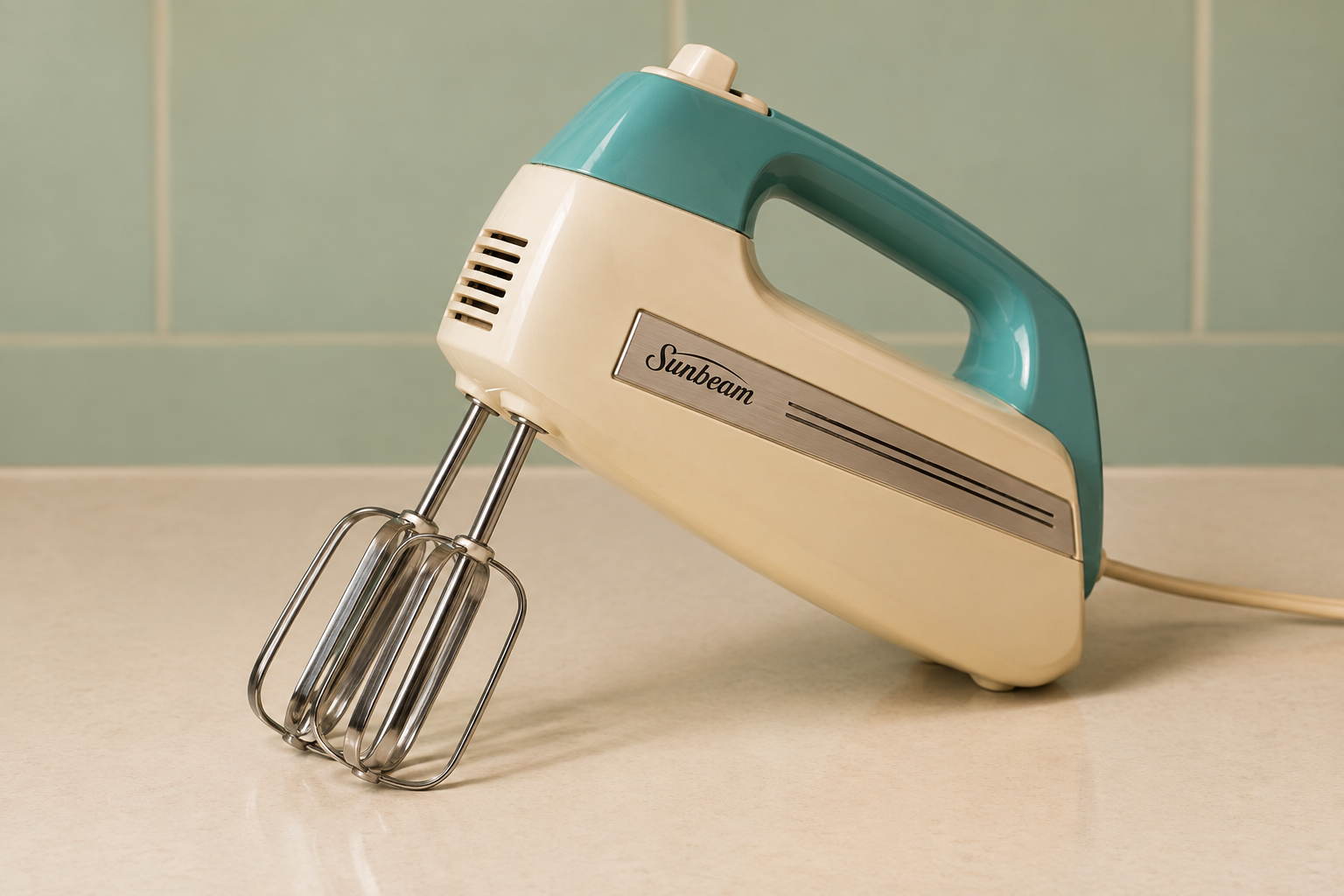 Vintage cream and teal Sunbeam hand mixer with beaters resting on a kitchen counter.