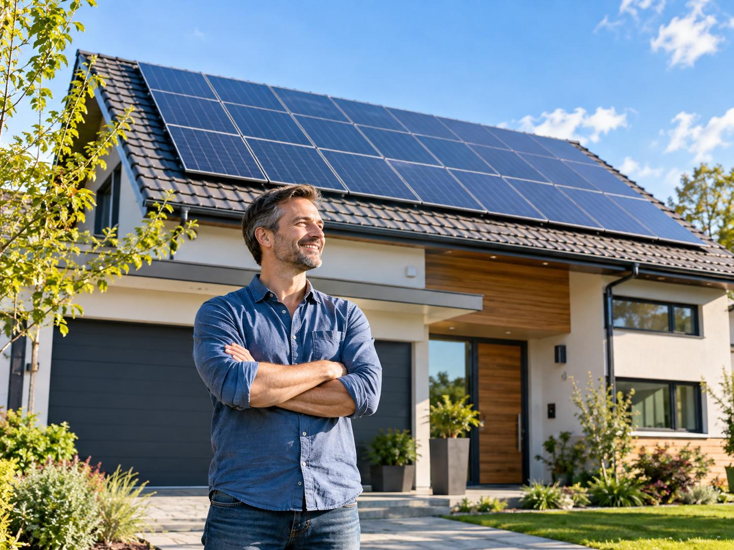 A smiling man with his arms crossed stands in front of a house featuring rooftop solar panels.