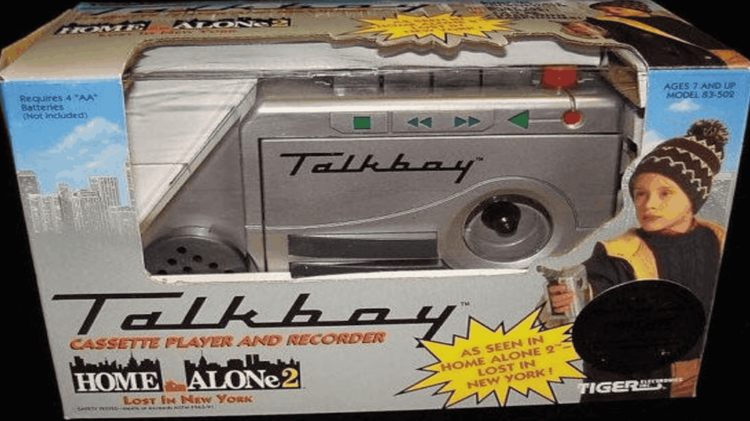 A boxed Talkboy cassette player and recorder from Home Alone 2, featuring a picture of Kevin McCallister on the packaging.