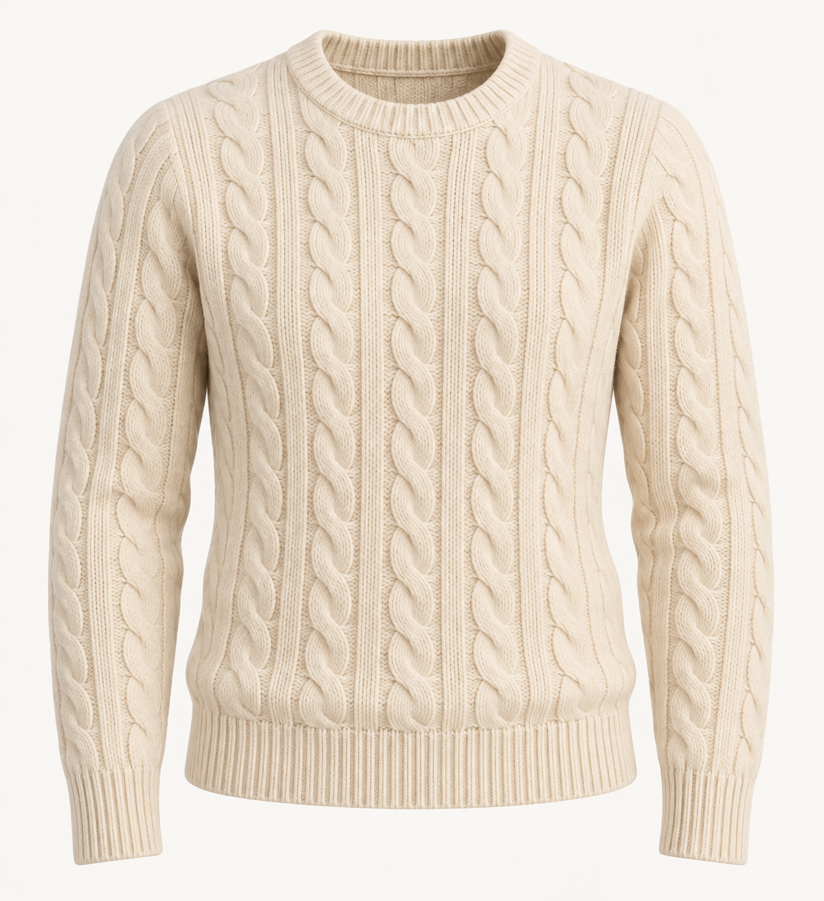 Cream-colored cable-knit crewneck sweater.