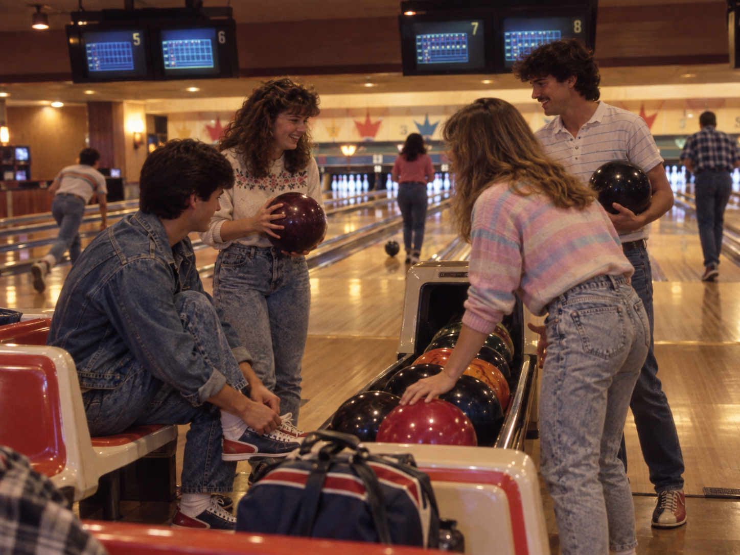 Four people in a bowling alley, with two people sitting on chairs and two standing near the ball return rack.