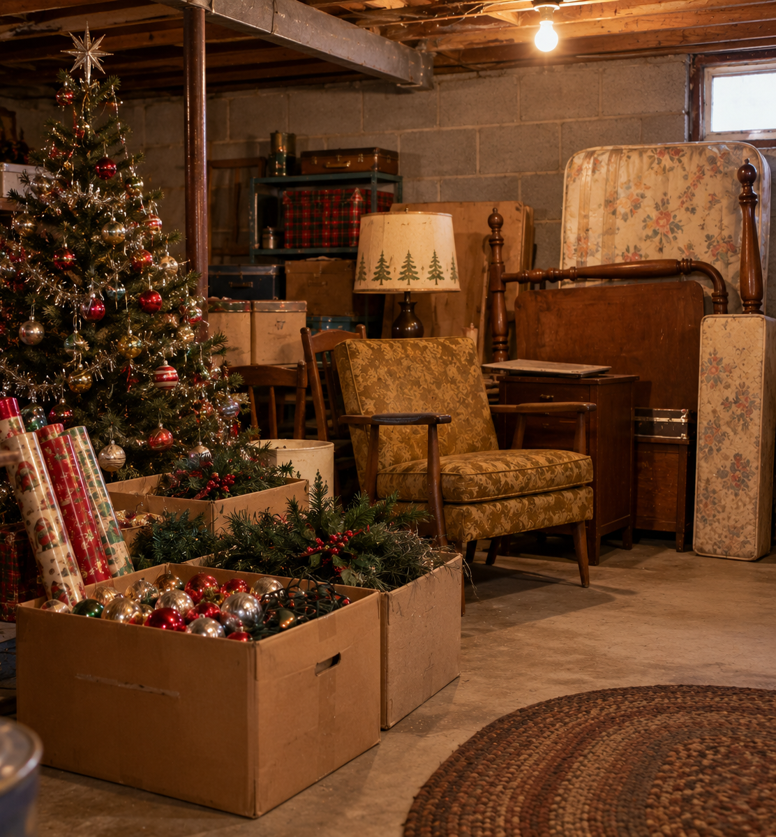 A decorated Christmas tree and boxes of holiday ornaments sitting in a cluttered basement with a patterned armchair and stored furniture.