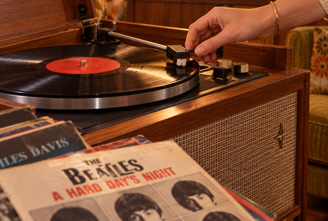 A hand gently places the tone arm of a vintage wooden record player onto a spinning vinyl record, with a stack of album covers including The Beatles resting in the foreground.