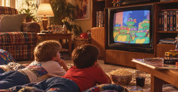 Two kids lie on the floor watching Teenage Mutant Ninja Turtles on TV, with popcorn, a drink, and toys nearby in a cozy living room filled with colorful decor.