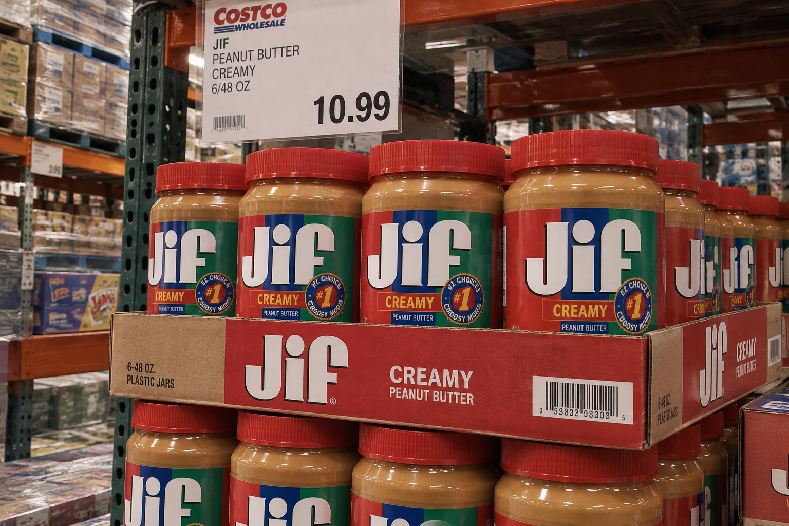 Jif creamy peanut butter jars on a store shelf under a price sign reading 10.99.