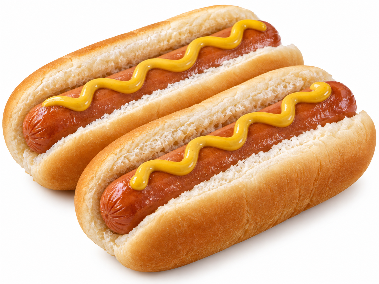Two hot dogs in buns drizzled with yellow mustard.