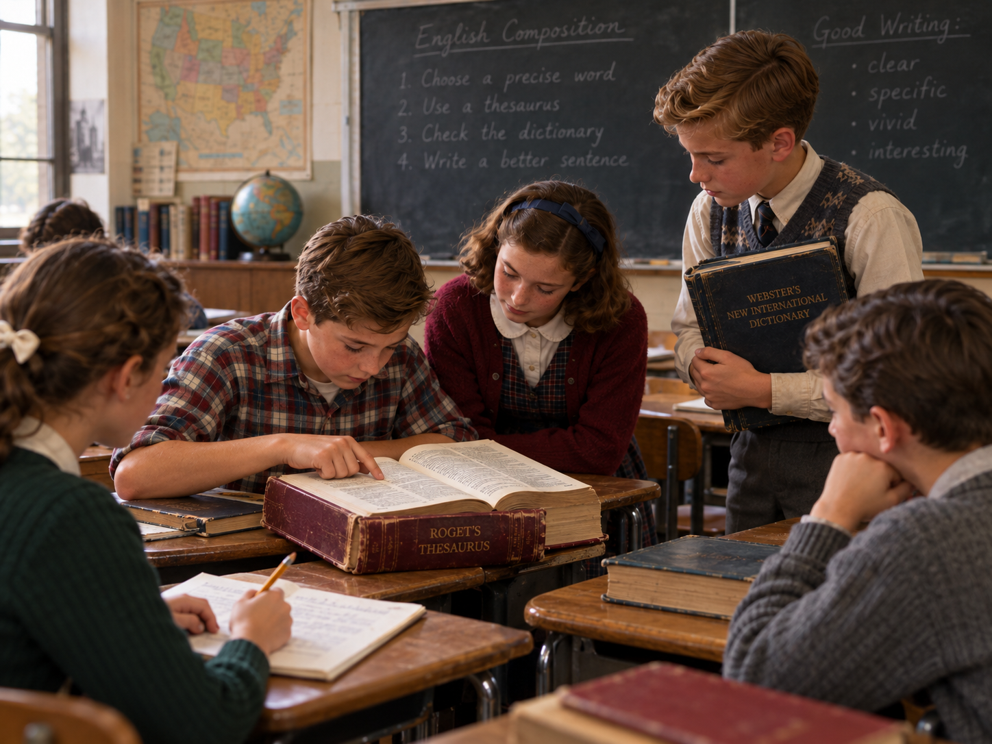 Four students in a classroom gather around a large Roget’s Thesaurus while one boy holds a dictionary.