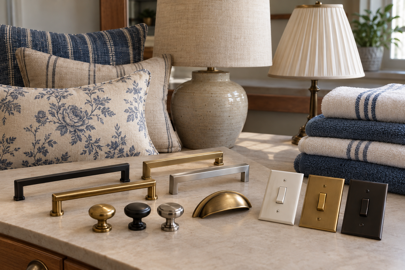 A collection of cabinet hardware, including various pulls, knobs, and light switch plates, displayed on a stone surface with pillows and lamps in the background.