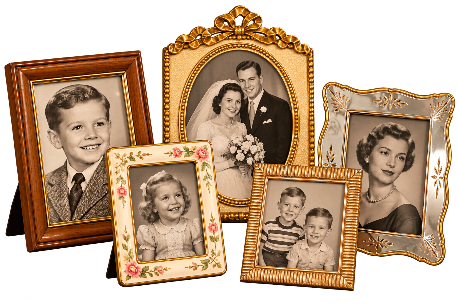 Five framed vintage photographs featuring a young boy, a wedding couple, a smiling girl, two brothers, and a woman wearing pearls.
