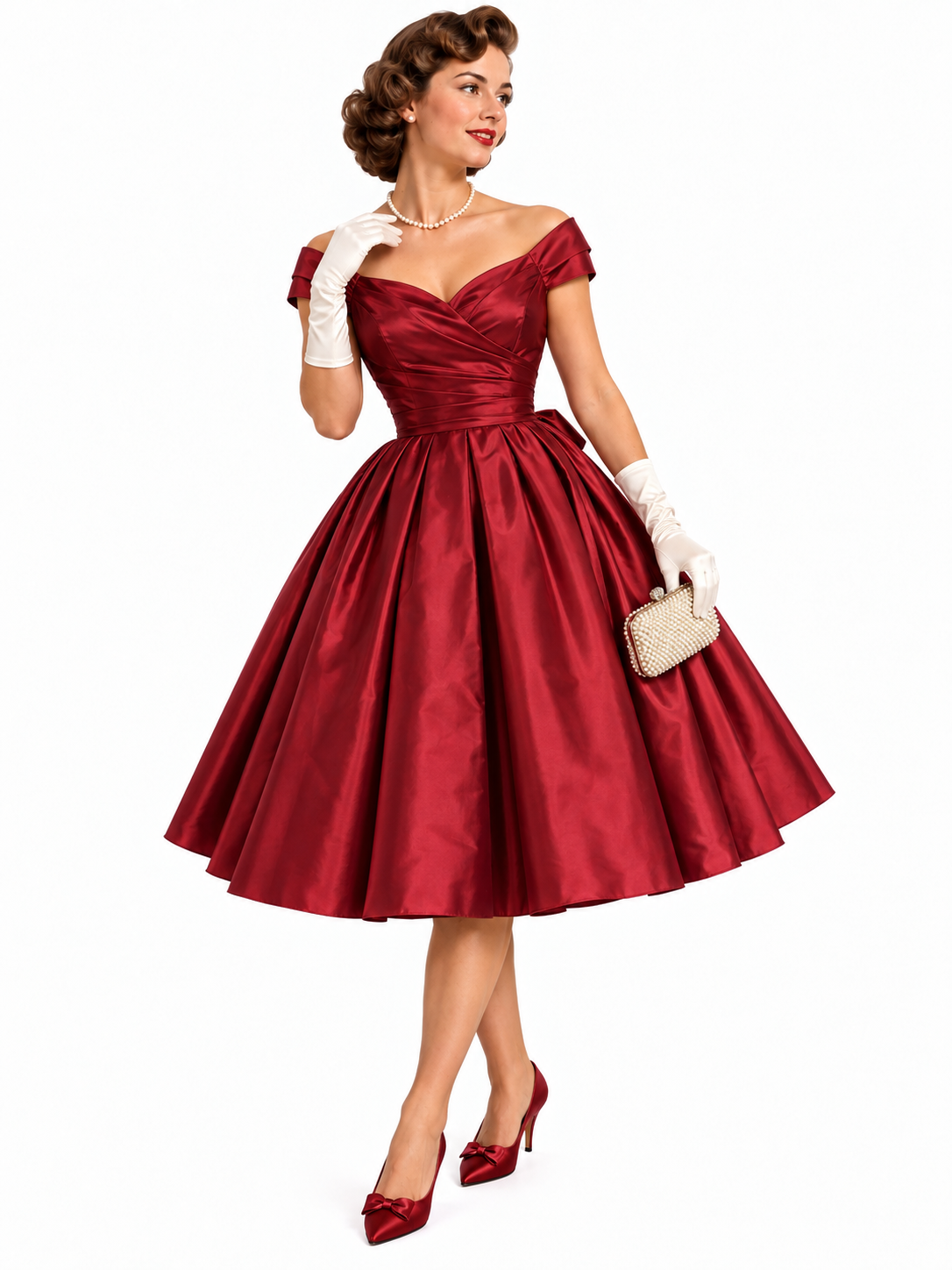 A woman wearing a vintage-style red tea-length dress, white gloves, a pearl necklace, and red heels, holding a small clutch.