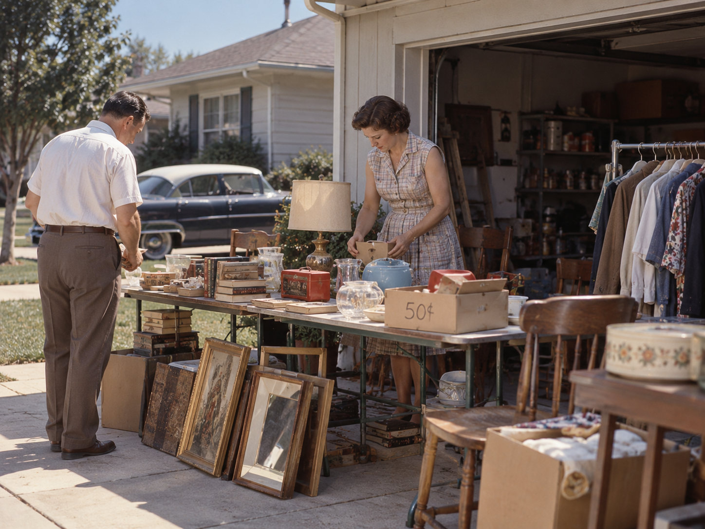 A man and a woman browse items on tables at a garage sale, with a clothing rack and household goods on display.