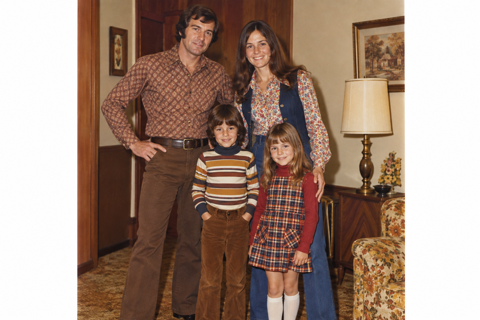 A family of four posing for a portrait in a living room.