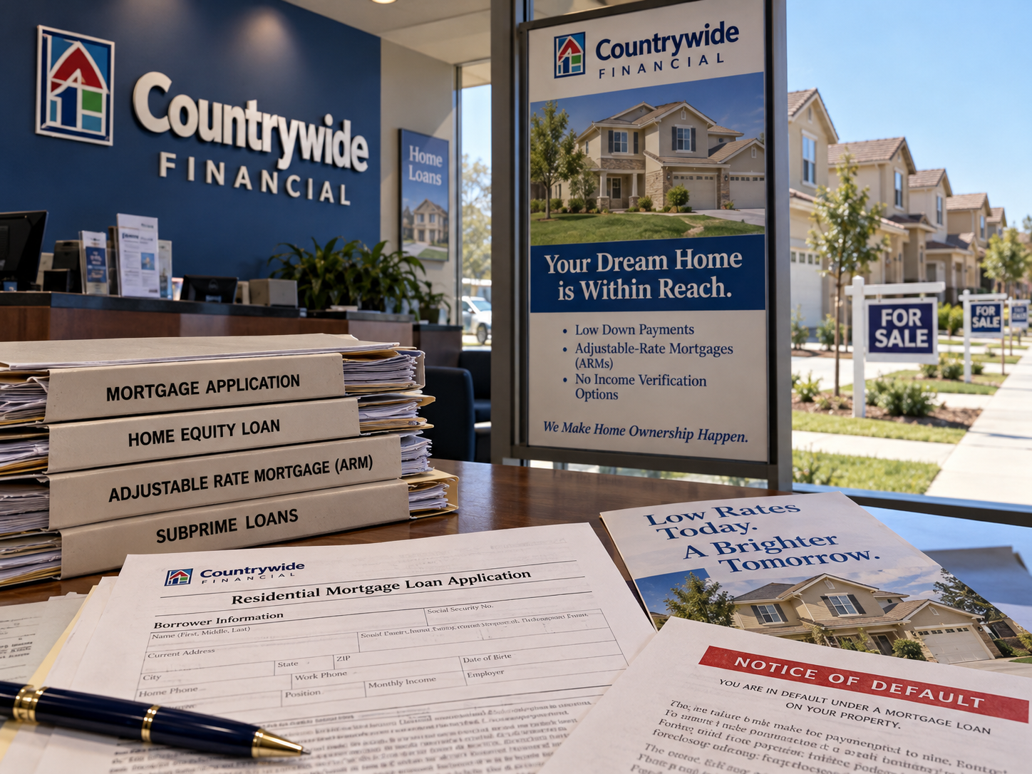 A Countrywide Financial office desk featuring stacked loan files, a mortgage application, and promotional signs advertising low-rate loans and home ownership.
