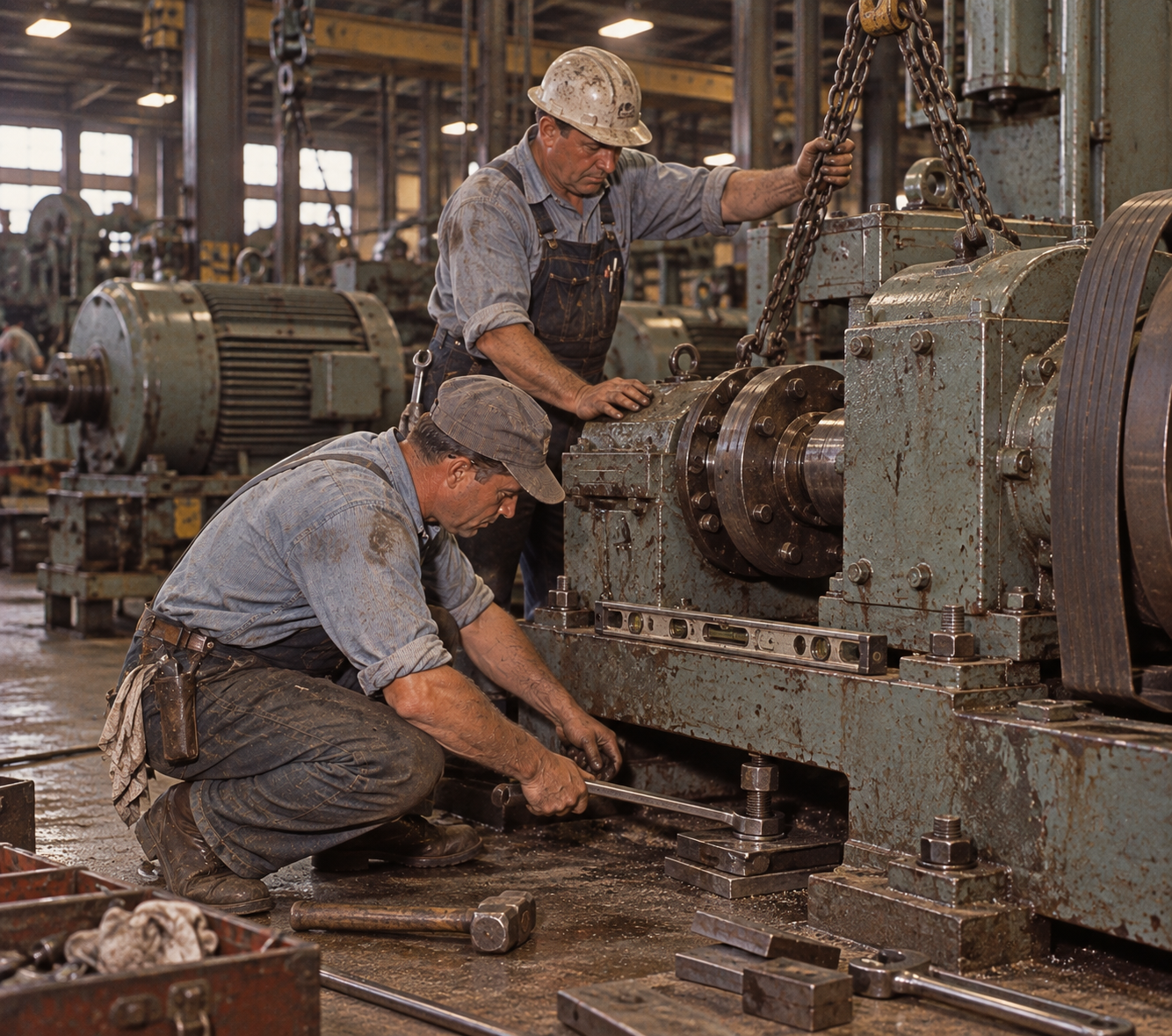 Two workers in a factory use tools to adjust a large piece of industrial machinery.