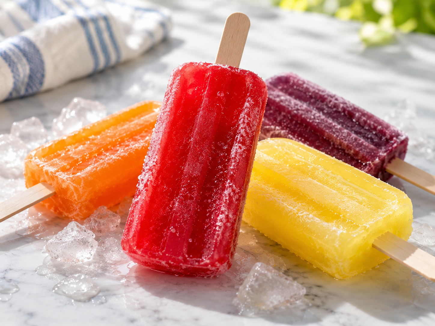 Four colorful fruit popsicles on sticks, dusted with ice crystals and resting on a marble surface.