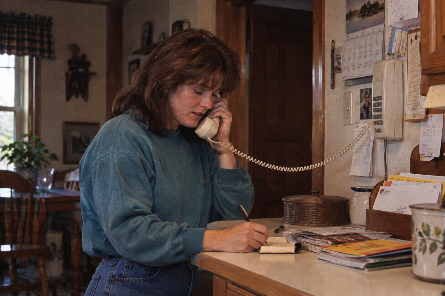 A woman in a teal sweatshirt talks on a wall-mounted telephone while writing in a notebook on a kitchen counter.