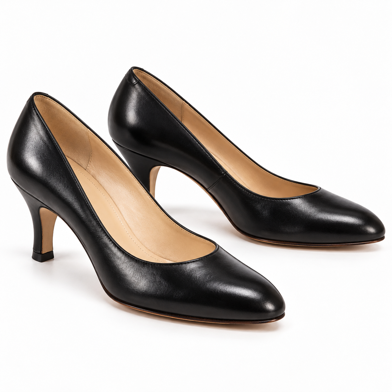A pair of black leather pumps with almond-shaped toes and mid-height heels.