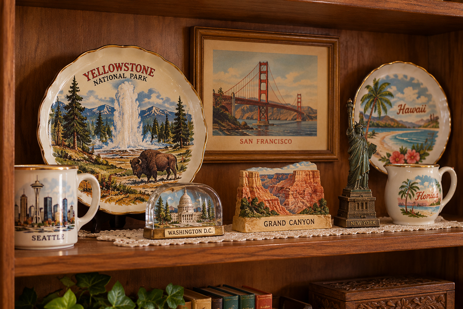 A wooden shelf displaying a collection of travel souvenirs, including decorative plates from Yellowstone and Hawaii, a framed print of the Golden Gate Bridge, and figurines of the U.S. Capitol, Grand Canyon, and the Statue of Liberty.