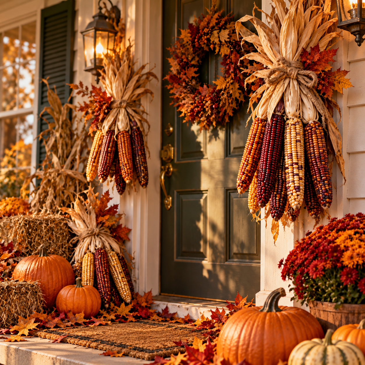 Front porch decorated for autumn with pumpkins, hay bales, bundles of multi-colored dried corn, and wreaths made of fall leaves.
