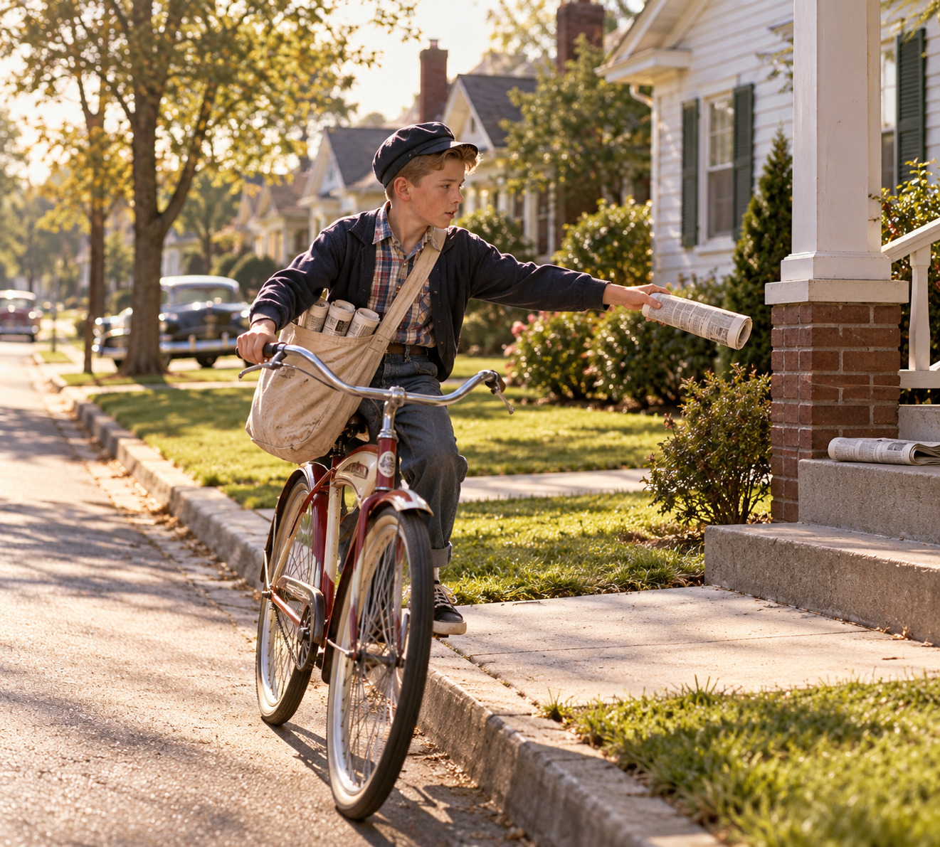 A young boy in a cap riding a bicycle delivers a newspaper onto the front porch of a suburban house.