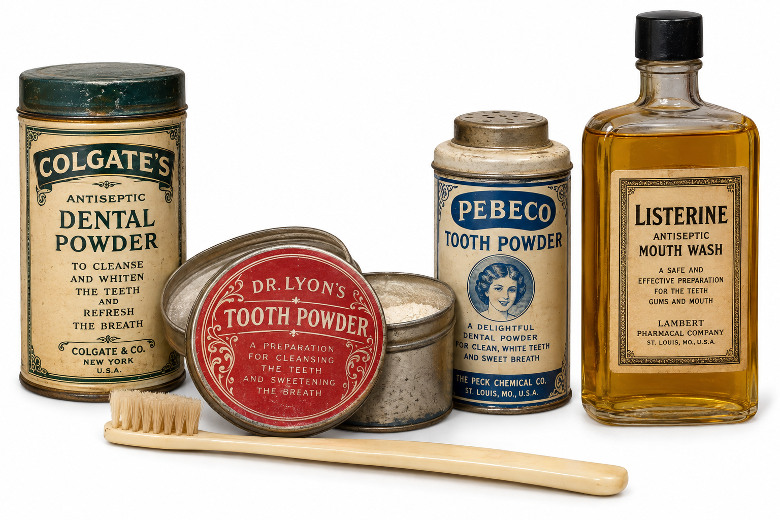 A collection of vintage dental products including Colgate’s, Dr. Lyon’s, and Pebeco tooth powders, a bottle of Listerine, and an old-fashioned toothbrush.