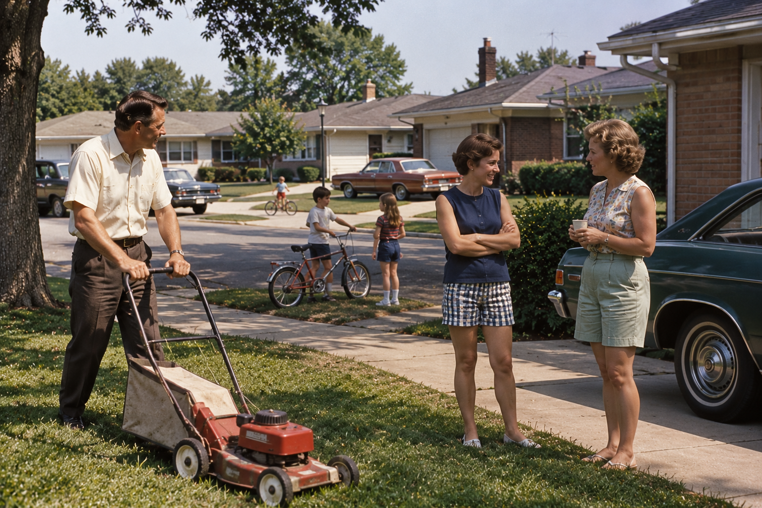 A man mows his lawn while two women stand and talk near a parked car, with two children riding bikes on the street in the background.