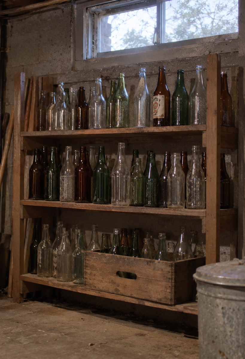 A wooden shelving unit against a concrete wall holding dozens of empty glass bottles of various shapes and colors.